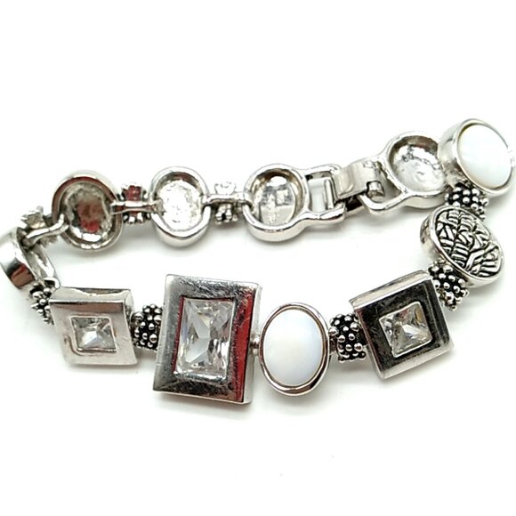 Lia Sophia Clear Cut Crystals Mother of Pearl Textured Links Rhodium Bracelet - Picture 2 of 14